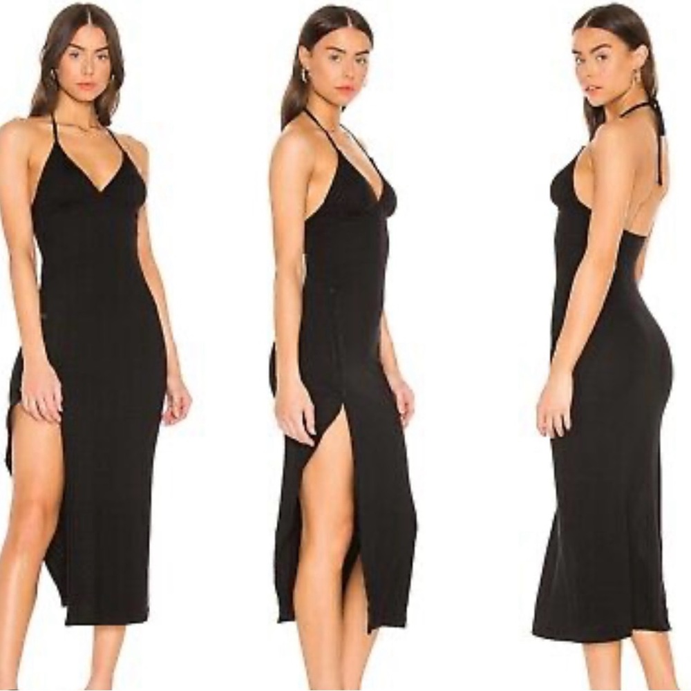 ALIX NYC REVOLVE Black Ribbed Adjustable Side Slit Midi Dress Size Small